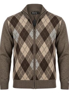 Marx & Dutch Brown Argyle Full-Zip Knit Cardigan Sweater - Size L